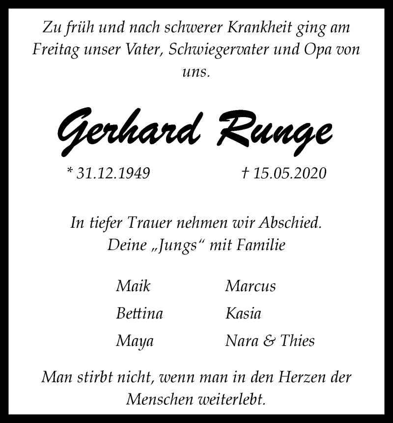  Traueranzeige für Gerhard Runge vom 22.05.2020 aus WESER-KURIER