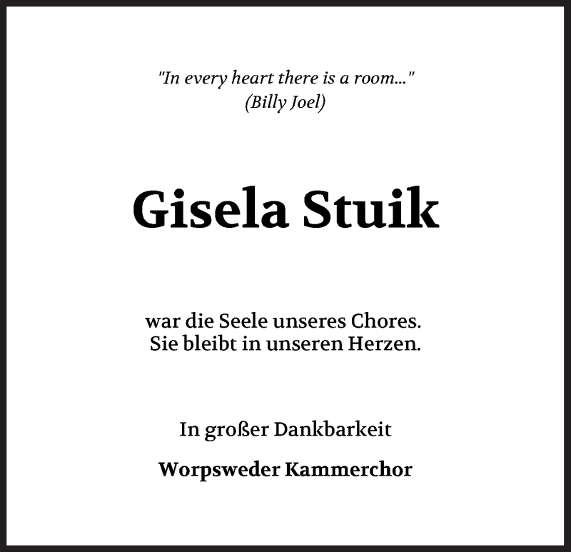  Traueranzeige für Gisela Stuik vom 23.05.2020 aus Wuemme Zeitung