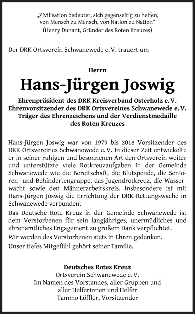  Traueranzeige für Hans-Jürgen Joswig vom 22.05.2020 aus Die Norddeutsche