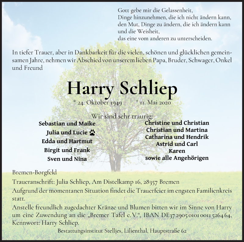  Traueranzeige für Harry Schliep vom 16.05.2020 aus Wuemme Zeitung