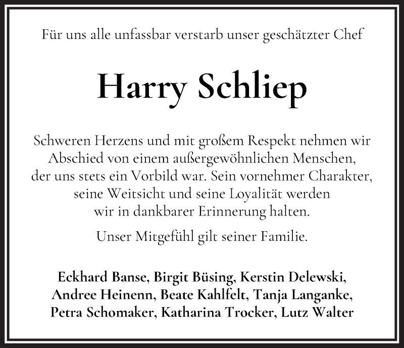 Traueranzeige von Harry Schliep von WESER-KURIER