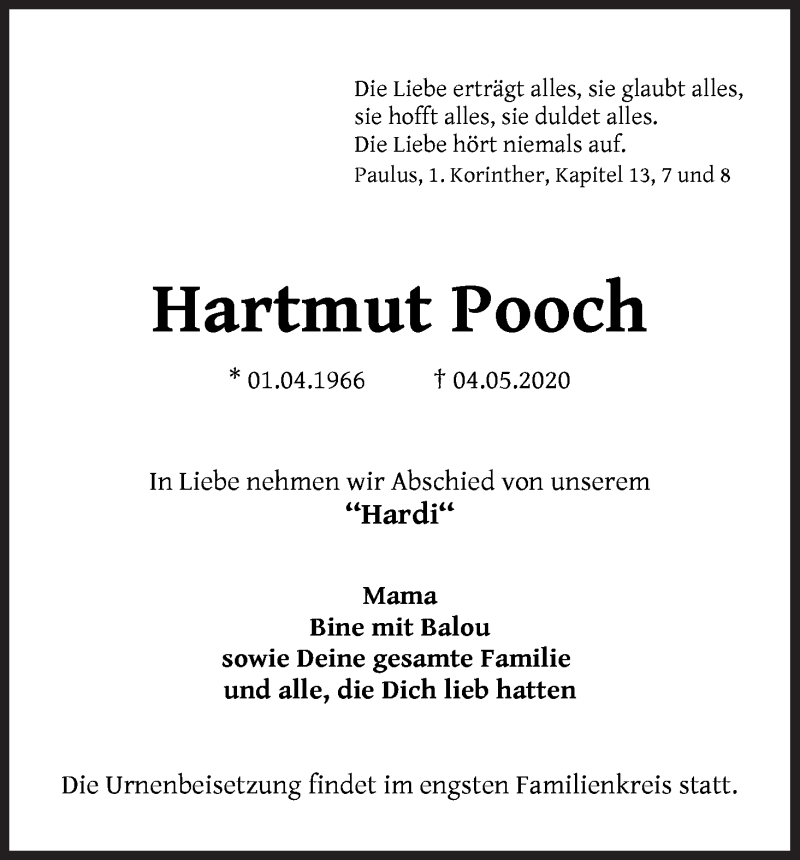 Traueranzeige von Hartmut Pooch von Die Norddeutsche