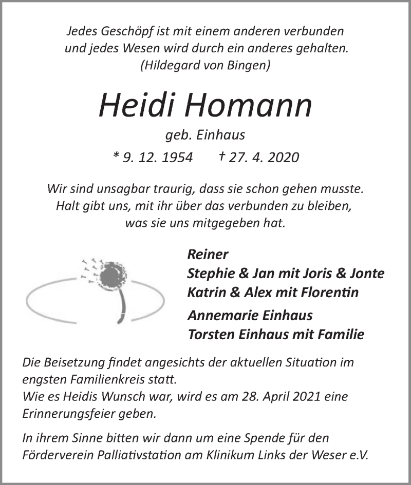  Traueranzeige für Heidi Homann vom 09.05.2020 aus WESER-KURIER