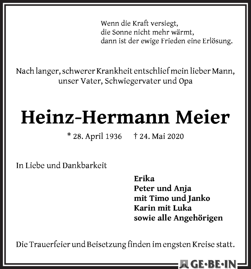  Traueranzeige für Heinz-Hermann Meier vom 30.05.2020 aus WESER-KURIER