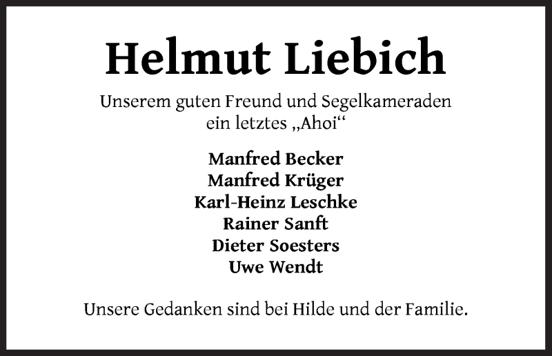 Traueranzeige von Helmut Liebich von WESER-KURIER