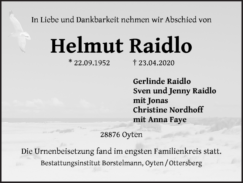 Traueranzeige von Helmut Raidlo von Achimer Kurier/Verdener Nachrichten