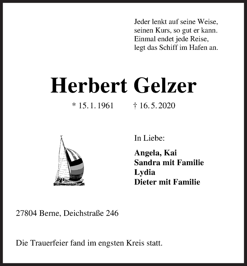 Traueranzeige von Herbert Gelzer von Die Norddeutsche