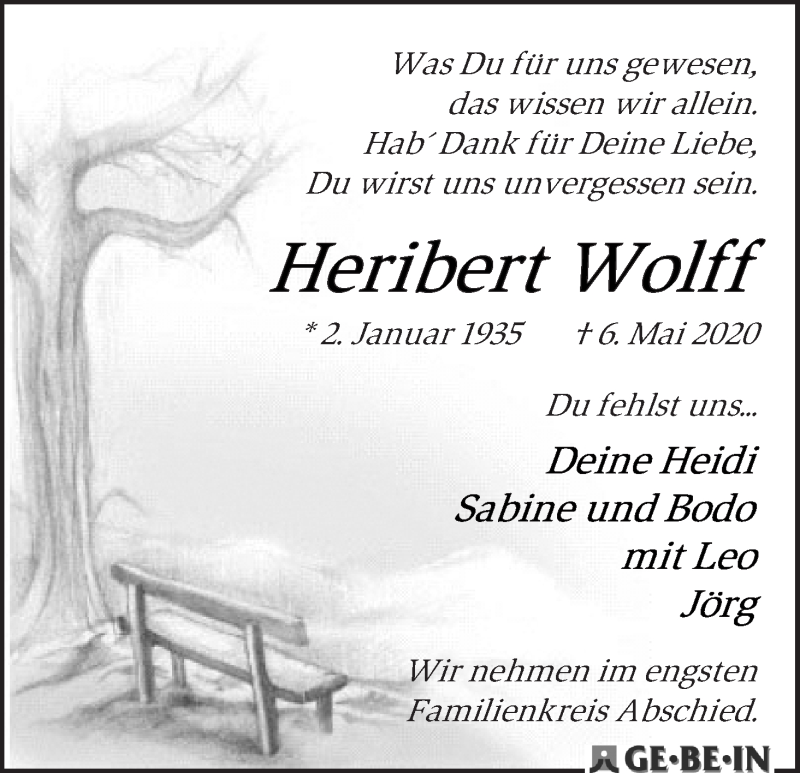  Traueranzeige für Heribert Wolff vom 09.05.2020 aus WESER-KURIER
