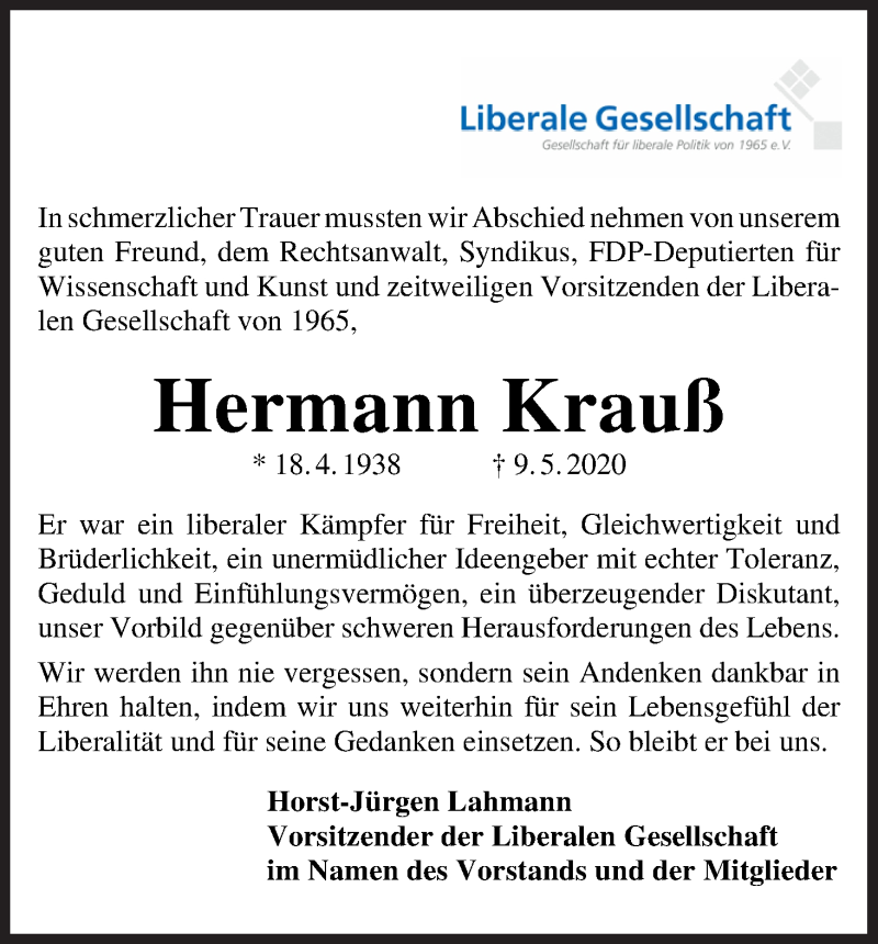 Traueranzeige für Hermann Krauß vom 13.05.2020 aus WESER-KURIER