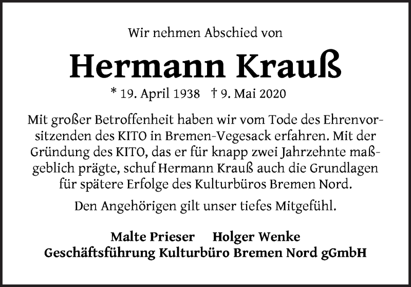  Traueranzeige für Hermann Krauß vom 23.05.2020 aus WESER-KURIER
