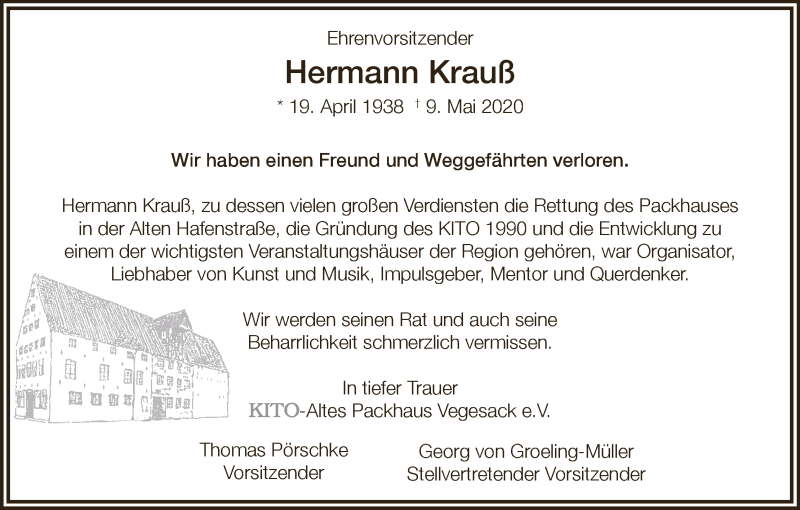  Traueranzeige für Hermann Krauß vom 23.05.2020 aus WESER-KURIER