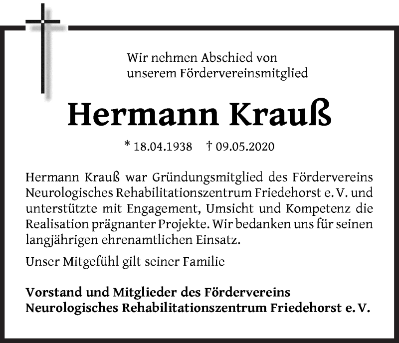  Traueranzeige für Hermann Krauß vom 16.05.2020 aus WESER-KURIER