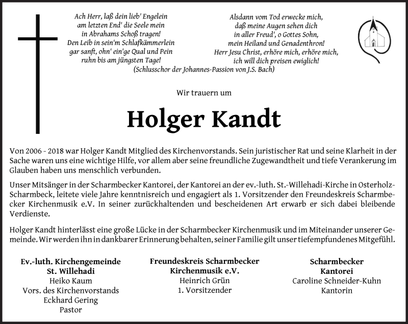Traueranzeige von Holger Kandt von Osterholzer Kreisblatt
