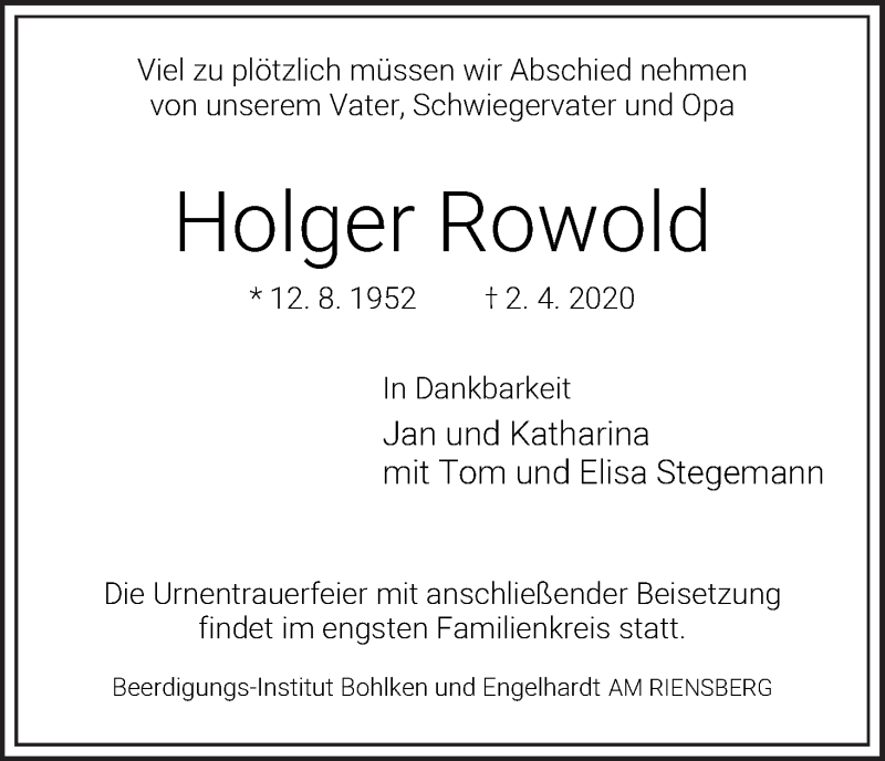 Traueranzeige von Holger Rowold von WESER-KURIER