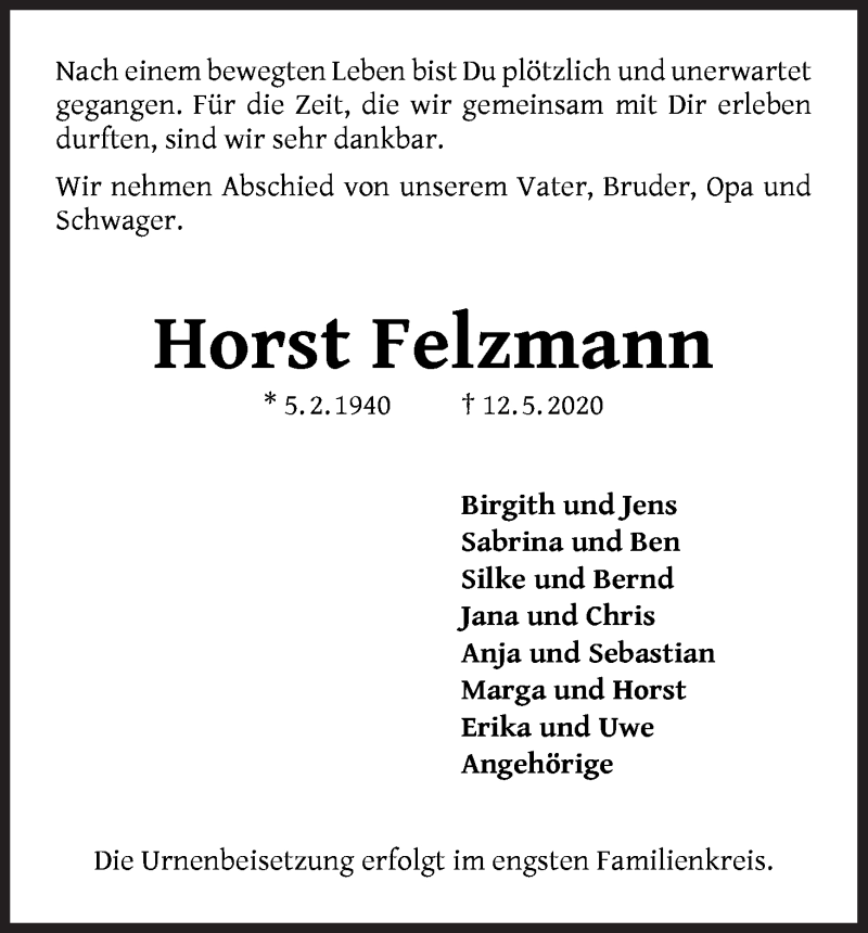 Traueranzeige von Horst Felzmann von WESER-KURIER