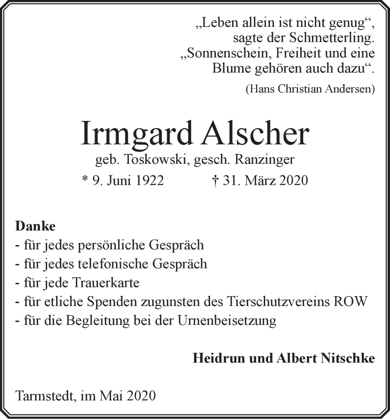 Traueranzeige von Irmgard Alscher von Wuemme Zeitung