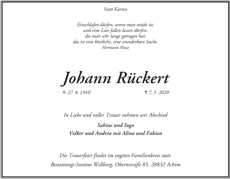 Traueranzeige von Johann Rückert von Achimer Kurier/Verdener Nachrichten