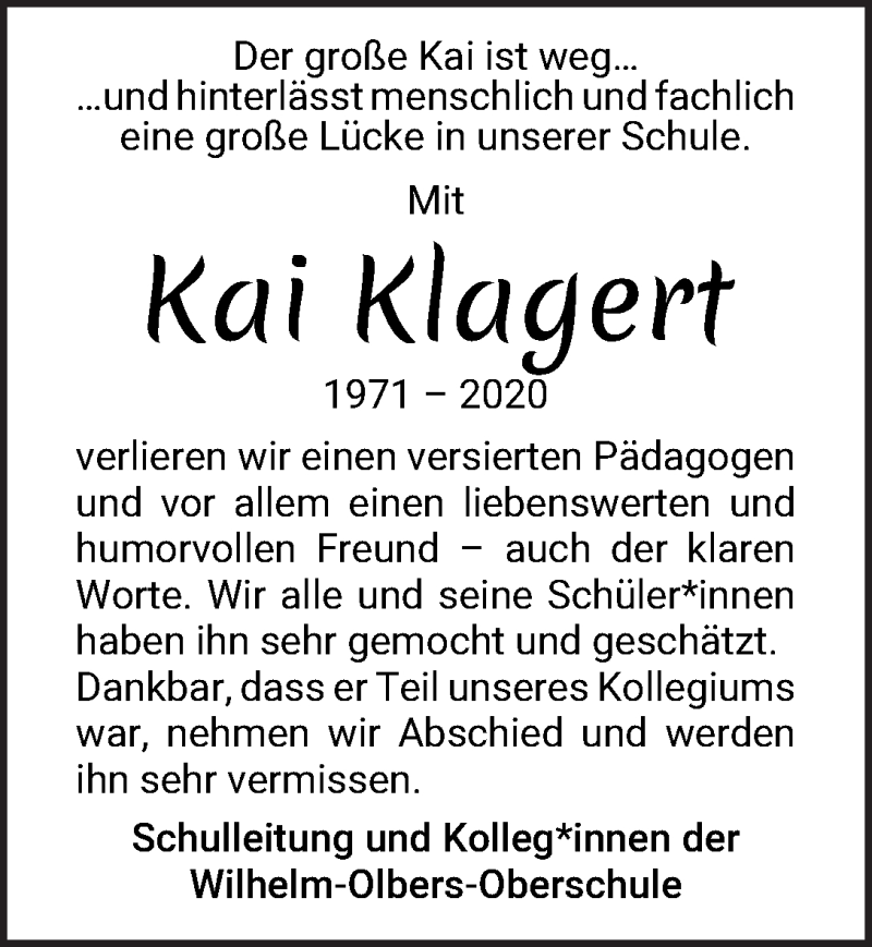  Traueranzeige für Kai Klagert vom 13.05.2020 aus WESER-KURIER