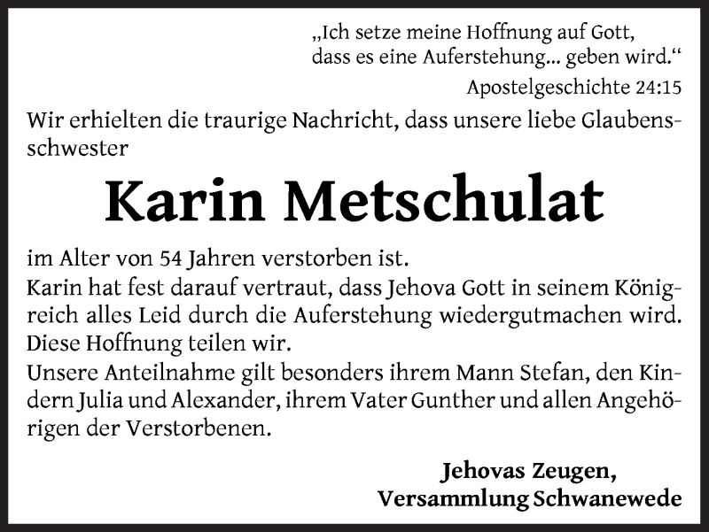 Traueranzeige von Karin Metschulat von Die Norddeutsche