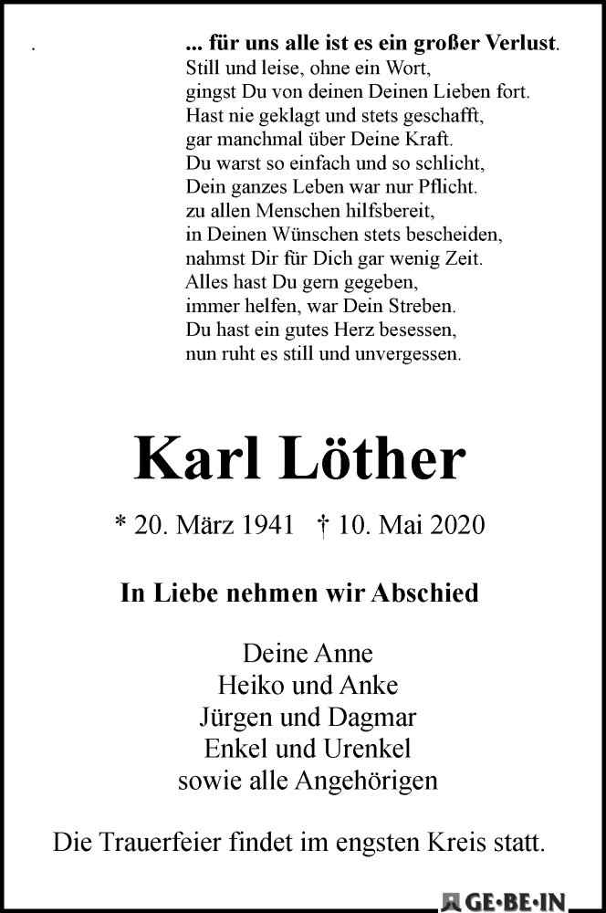  Traueranzeige für Karl Löther vom 16.05.2020 aus WESER-KURIER
