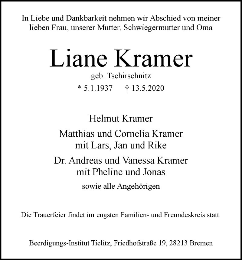 Traueranzeige von Liane Kramer von WESER-KURIER