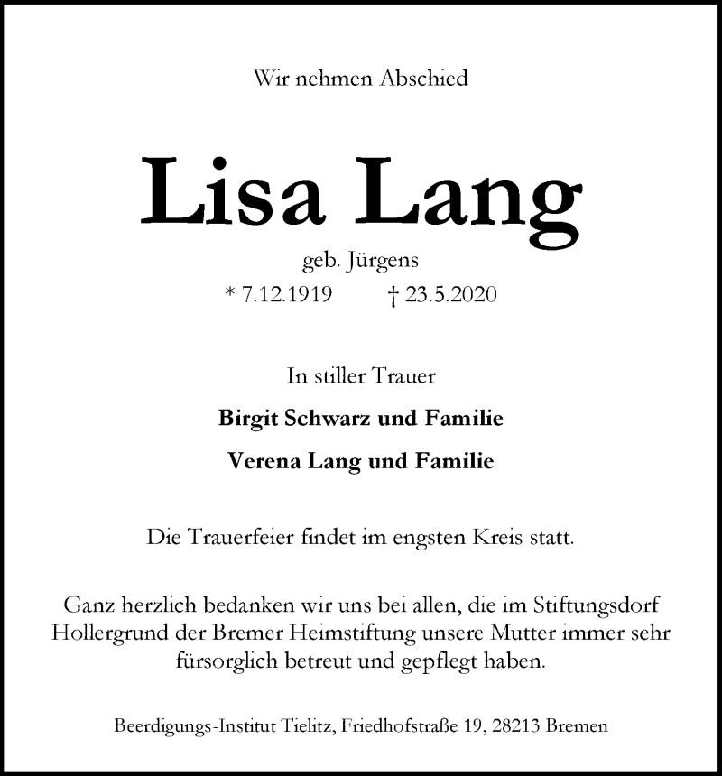 Traueranzeige von Lisa Lang von WESER-KURIER