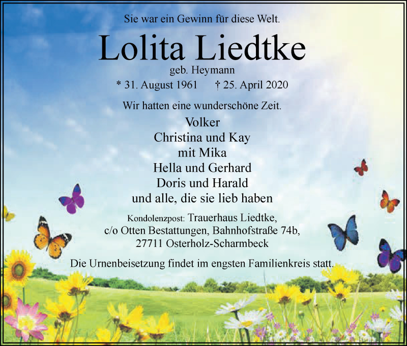 Traueranzeige von Lolita Liedtke von Osterholzer Kreisblatt