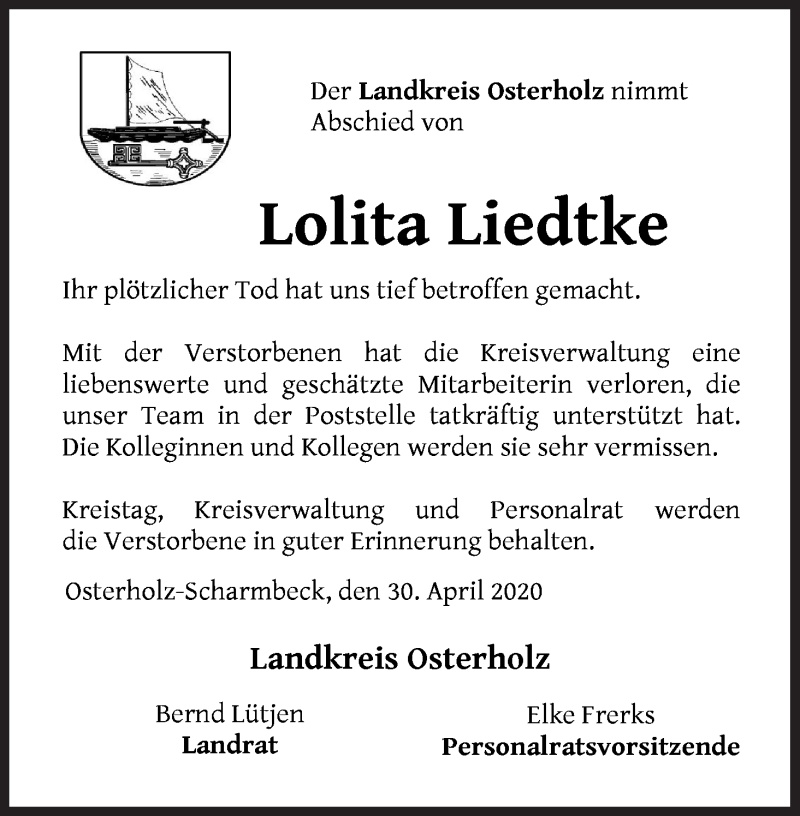  Traueranzeige für Lolita Liedtke vom 02.05.2020 aus Osterholzer Kreisblatt