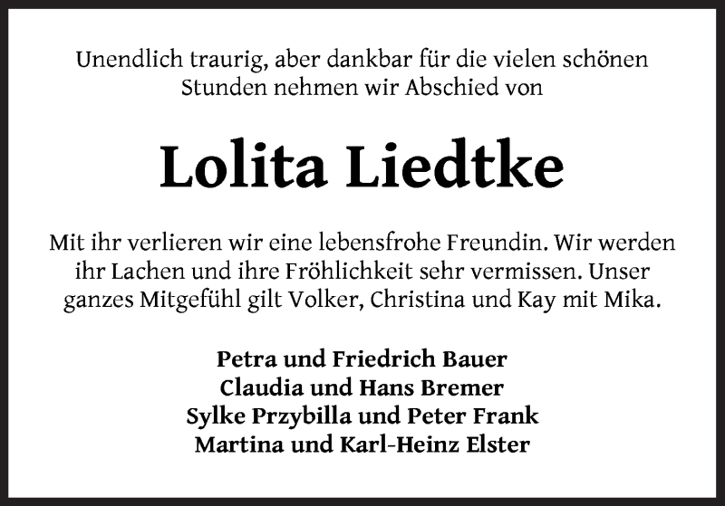  Traueranzeige für Lolita Liedtke vom 02.05.2020 aus WESER-KURIER