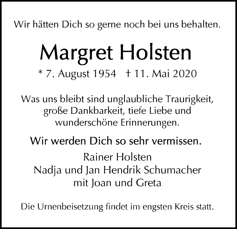 Traueranzeige von Margret Holsten von WESER-KURIER