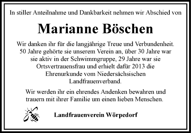  Traueranzeige für Marianne Böschen vom 28.05.2020 aus Wuemme Zeitung