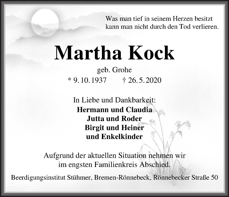  Traueranzeige für Martha Kock vom 30.05.2020 aus Die Norddeutsche