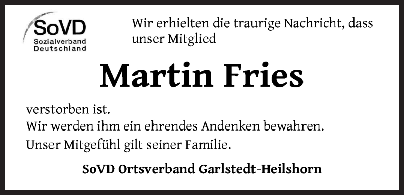  Traueranzeige für Martin Fries vom 29.05.2020 aus Osterholzer Kreisblatt