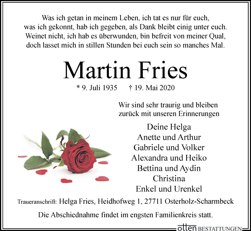  Traueranzeige für Martin Fries vom 26.05.2020 aus Osterholzer Kreisblatt