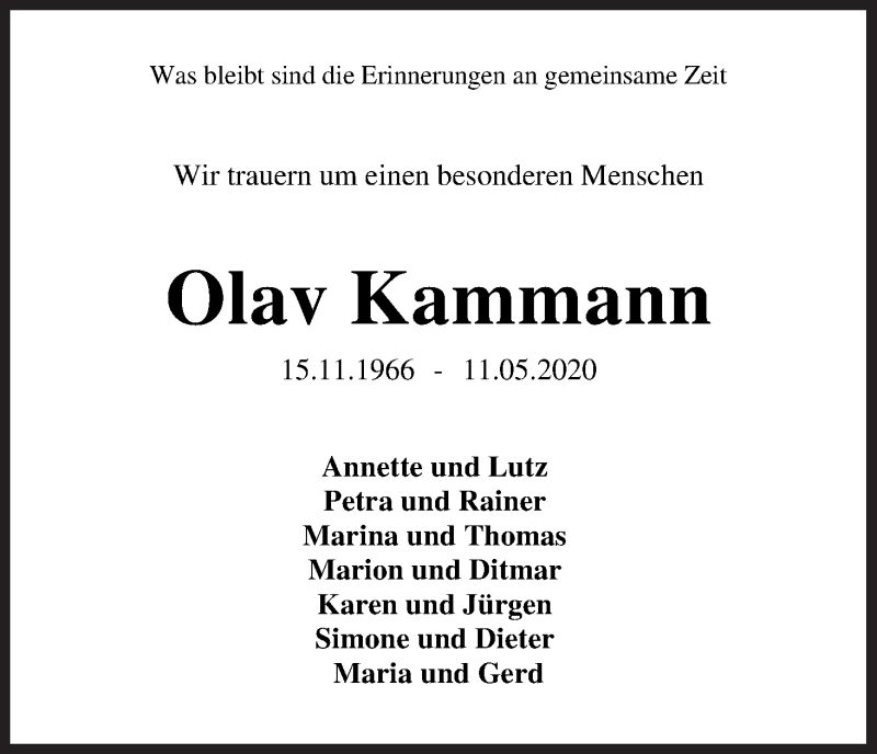  Traueranzeige für Olav Kammann vom 16.05.2020 aus WESER-KURIER