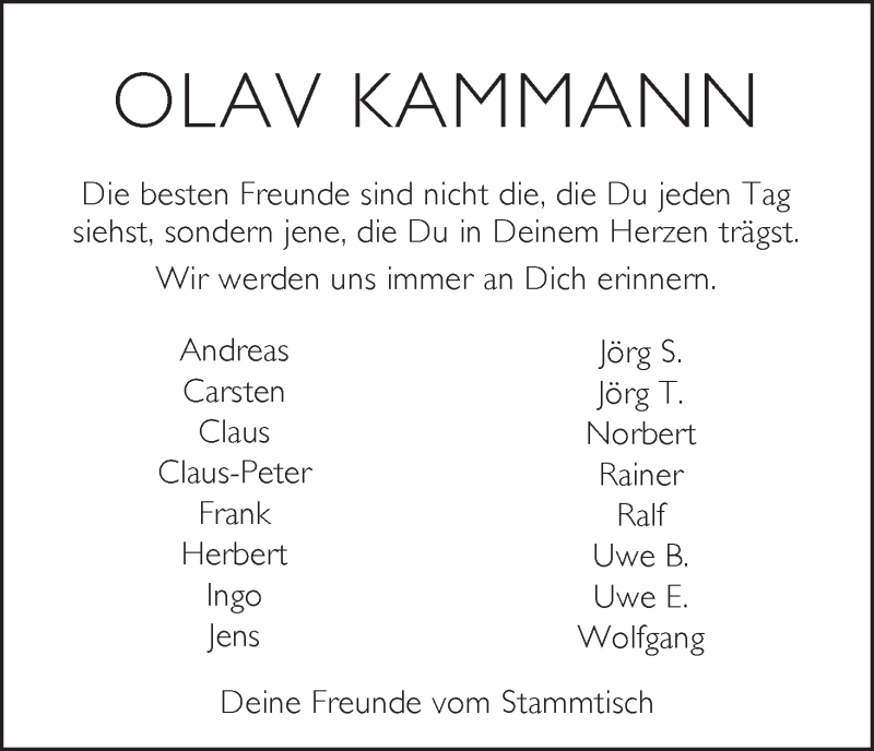  Traueranzeige für Olav Kammann vom 16.05.2020 aus Wuemme Zeitung