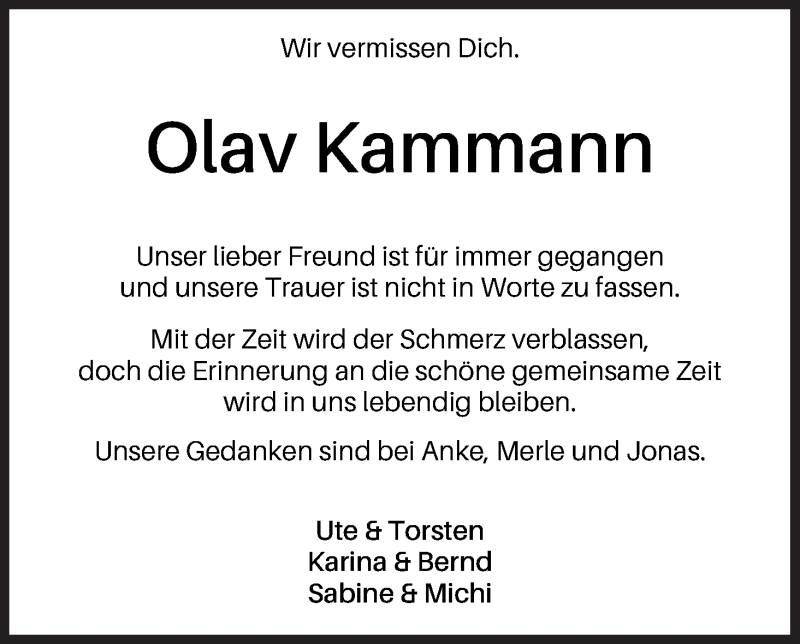  Traueranzeige für Olav Kammann vom 16.05.2020 aus WESER-KURIER