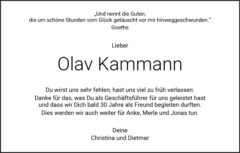  Traueranzeige für Olav Kammann vom 20.05.2020 aus WESER-KURIER