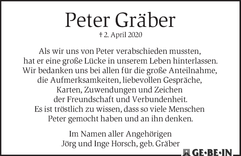  Traueranzeige für Peter Gräber vom 09.05.2020 aus WESER-KURIER