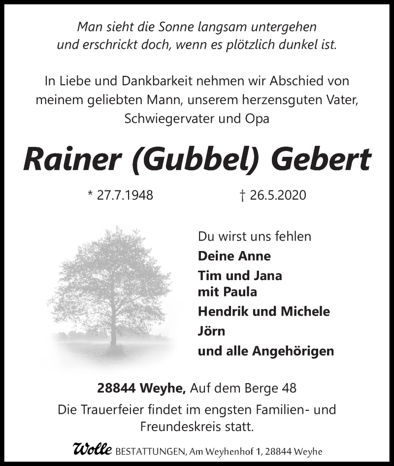  Traueranzeige für Rainer Gebert vom 30.05.2020 aus WESER-KURIER