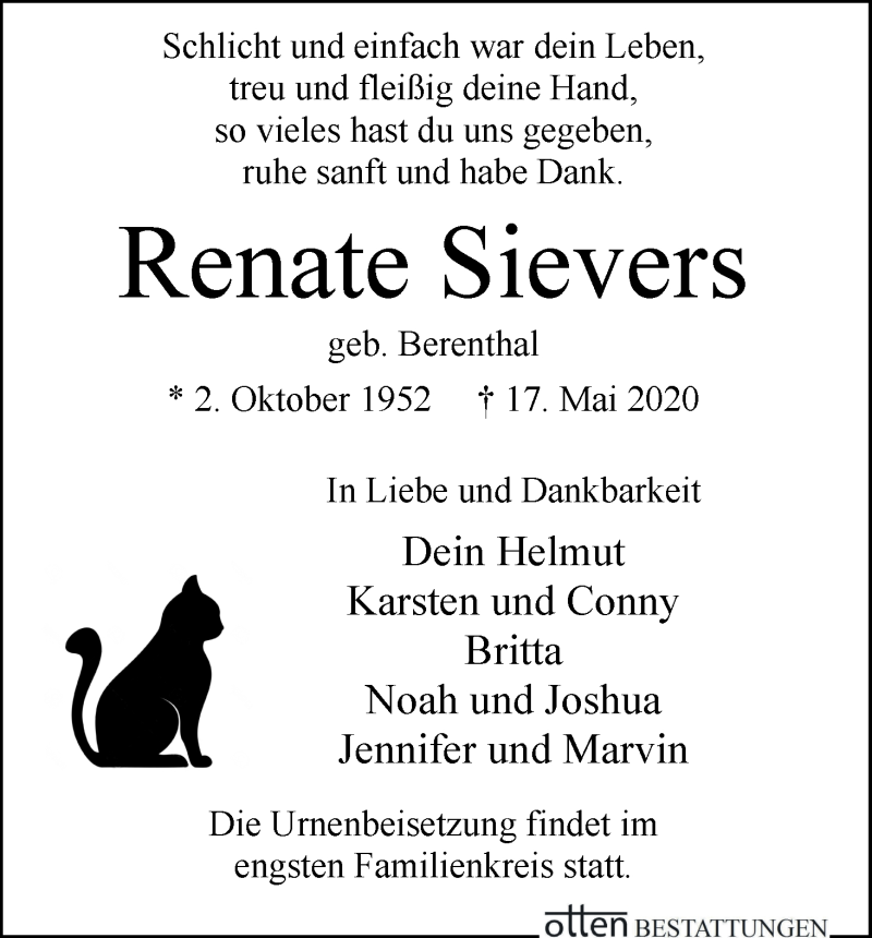 Traueranzeige von Renate Sievers von Osterholzer Kreisblatt