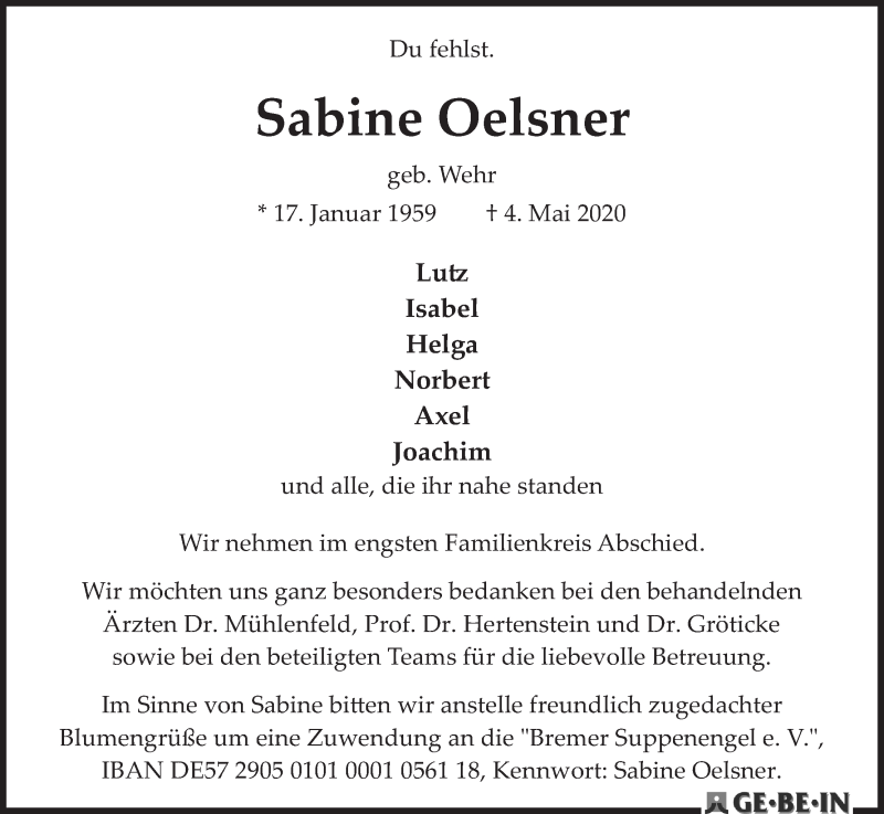  Traueranzeige für Sabine Oelsner vom 09.05.2020 aus WESER-KURIER