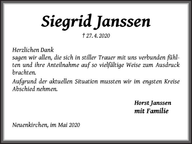 Traueranzeige von Sigrid Janssen von Die Norddeutsche