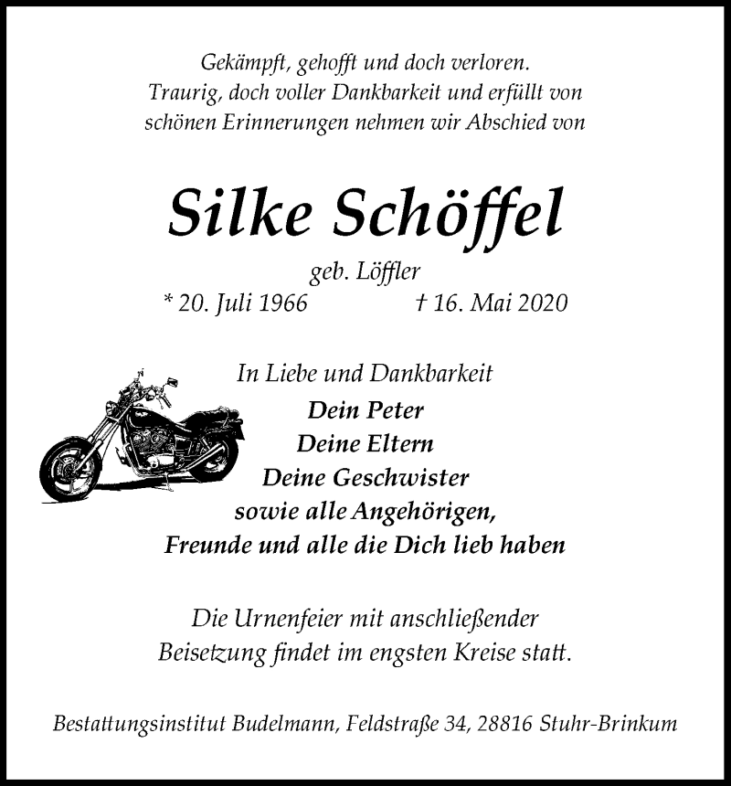  Traueranzeige für Silke Schöffel vom 23.05.2020 aus WESER-KURIER