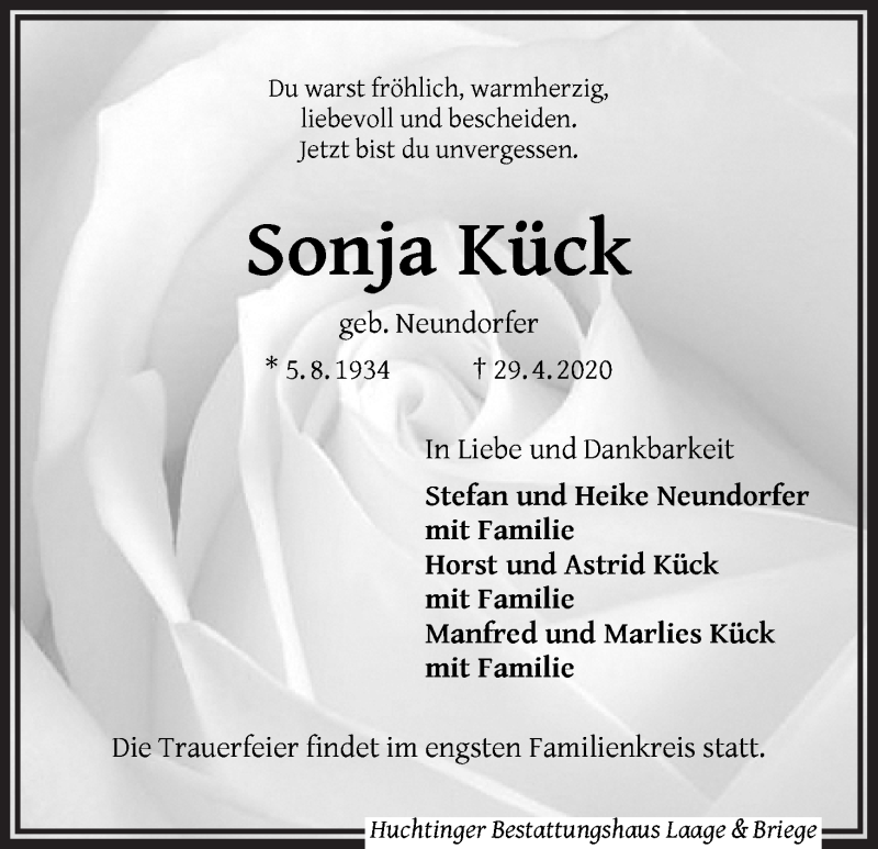  Traueranzeige für Sonja Kück vom 09.05.2020 aus WESER-KURIER