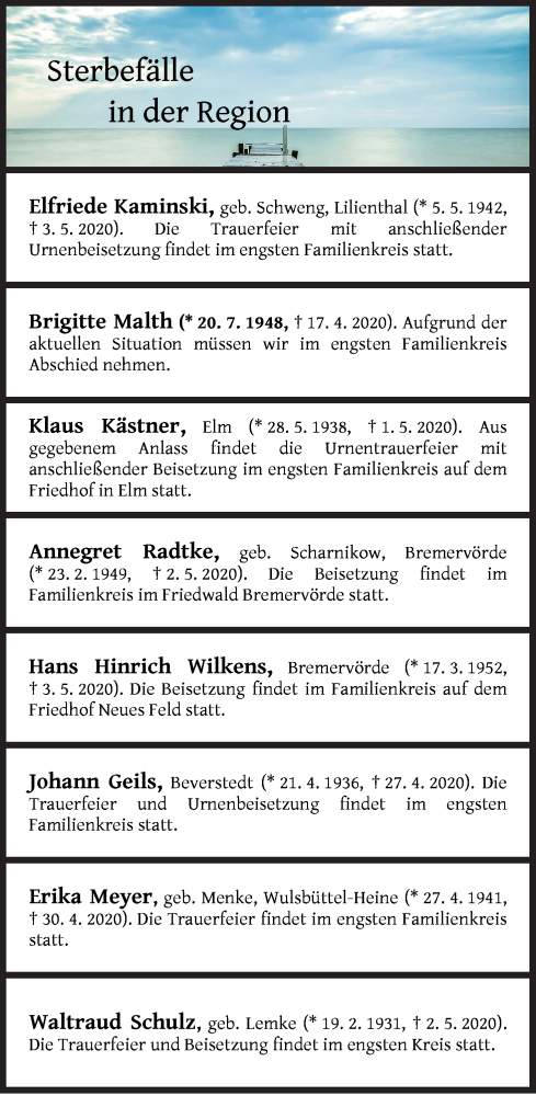 Traueranzeige von Sterbefälle in der Region Ausgabe 07.05.2020 von Osterholzer Kreisblatt