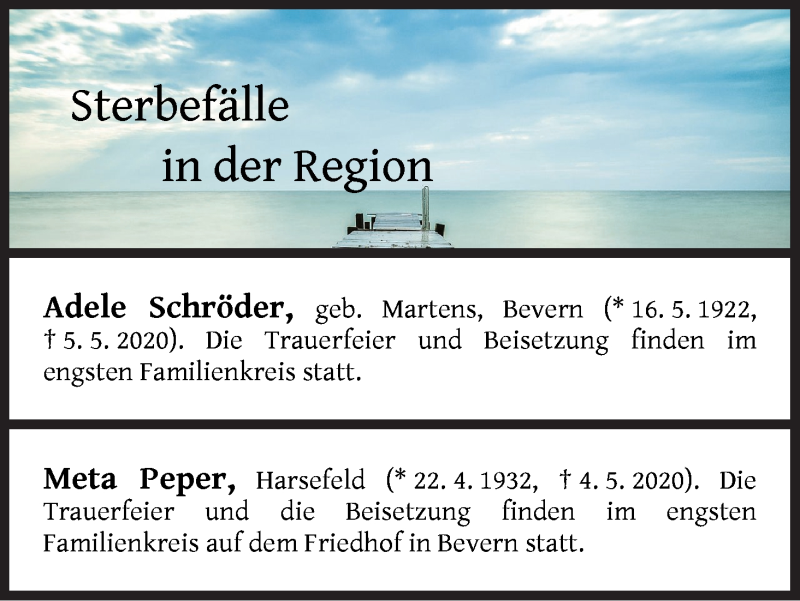 Traueranzeige von Sterbefälle in der Region Ausgabe 09.05.2020 von Osterholzer Kreisblatt