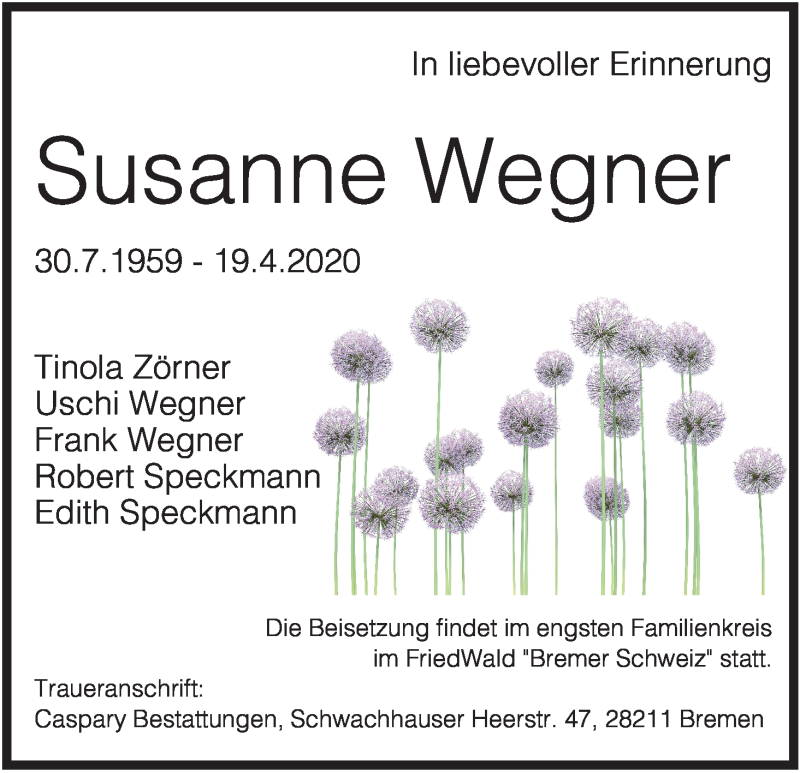 Traueranzeige von Susanne Wegner von WESER-KURIER