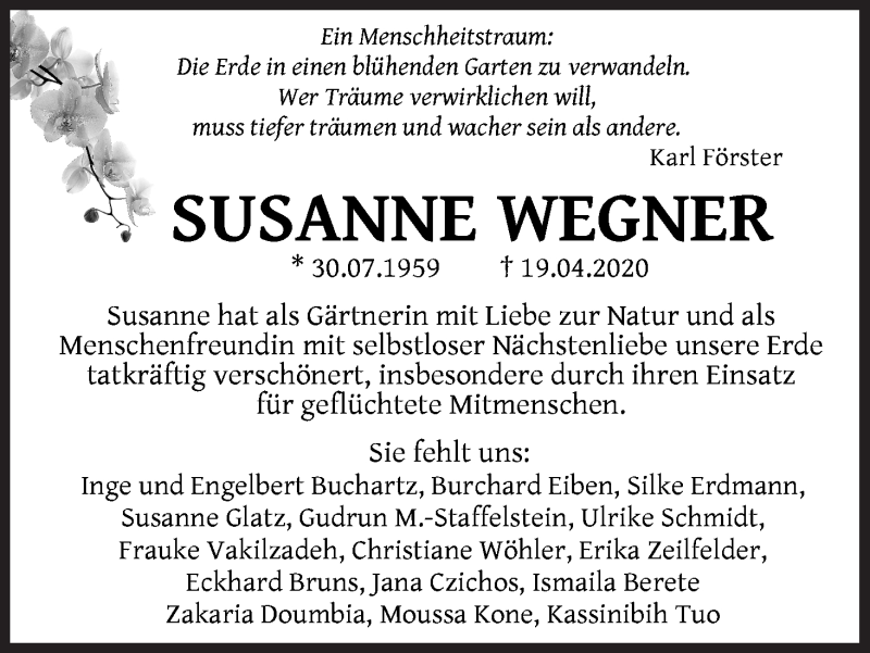 Traueranzeige von Susanne Wegner von WESER-KURIER