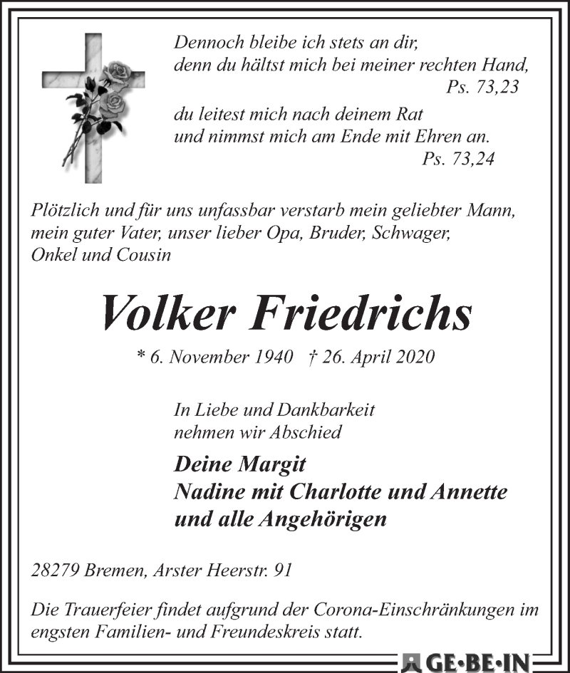  Traueranzeige für Volker Friedrichs vom 09.05.2020 aus WESER-KURIER